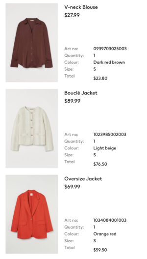 H&M Order Summary. V-Neck Blouse $27.99, Bouclé Jacket $89.99, Oversize Jacket $69.99.